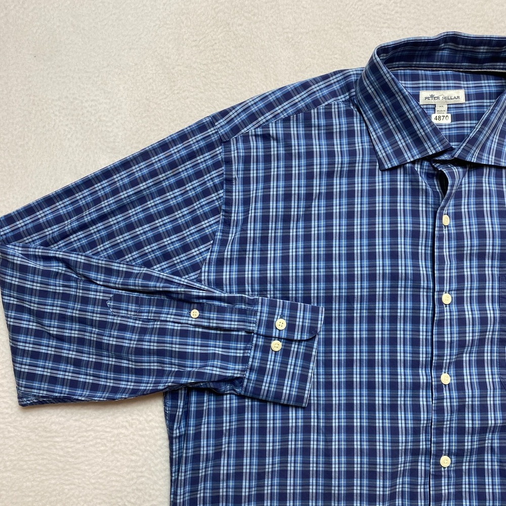 Peter Millar Shirt Mens Extra Large Blue White Long Sleeve Button Up Plaid - Picture 6 of 11